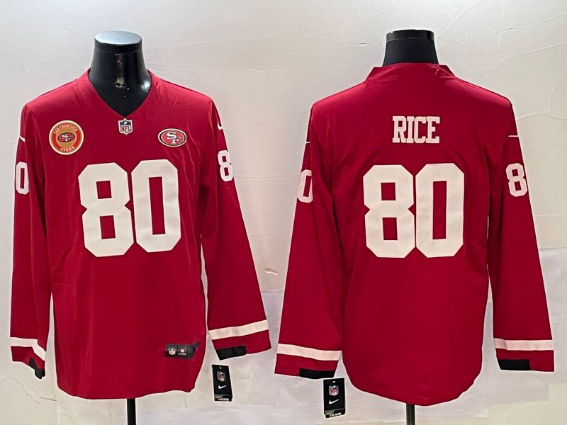 Men San Francisco 49ers #80 Rice Red long sleeve 2024 Nike NFL Jersey style 01045